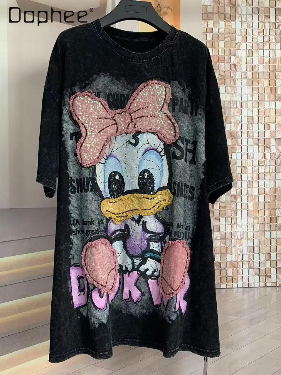 

Модный брендовый топ с героями мультфильмов, лето 2029, стиральный хлопок для тяжелой промышленности, свободная модная свободная футболка средней длины с короткими рукавами