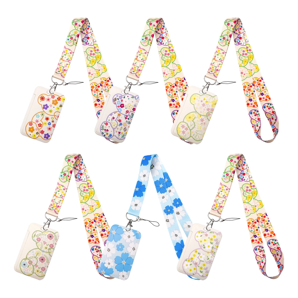 Cute Cartoon Bear Flowers Lanyard Neck Strap Keychain Card Cover Badge Holder Mobile Phone Hang Rope Keyring Accessories Gifts