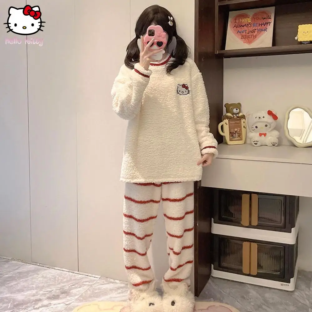 ملابس نوم نسائية شتوية جديدة من سانريو نصف صوف كاجوال برقبة دائرية طقم ملابس منزلية مريحة وناعمة كرتونية دافئة #3