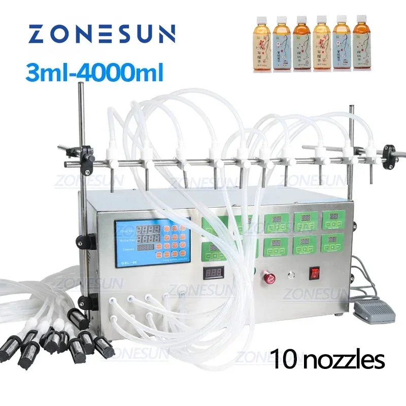 

ZONESUN Liquid Filling Machine 10 Heads Electrical Semi-Automatic Juice Soya Milk Beverage Drink Bottle Filler Juice Essential