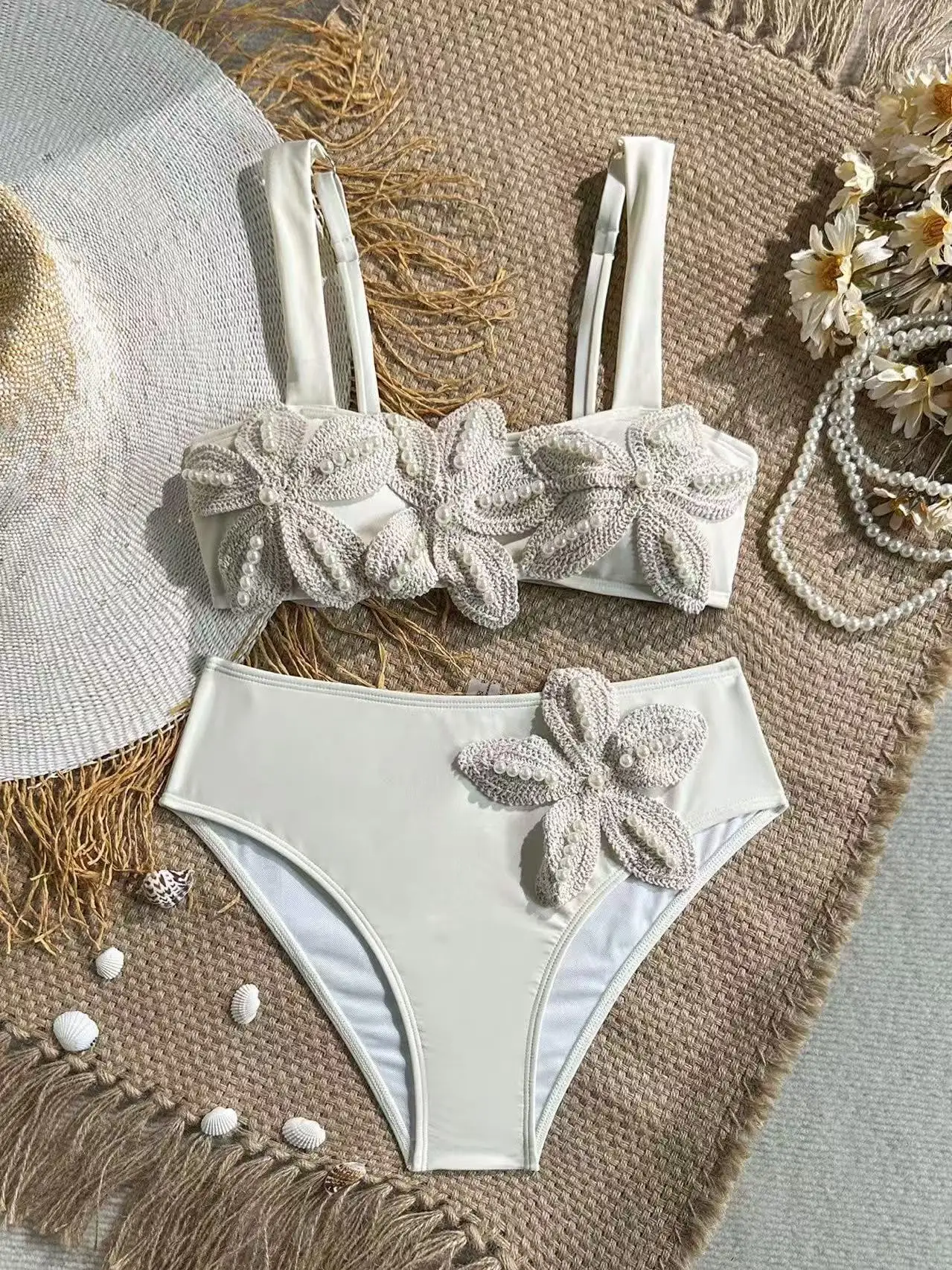 Sexy White 3D Pearls Flower Embroidery Bikini Set 2026 Women Summer Push Up Bra High Waist Swimsuit Beach Bathing Suit Swimwear