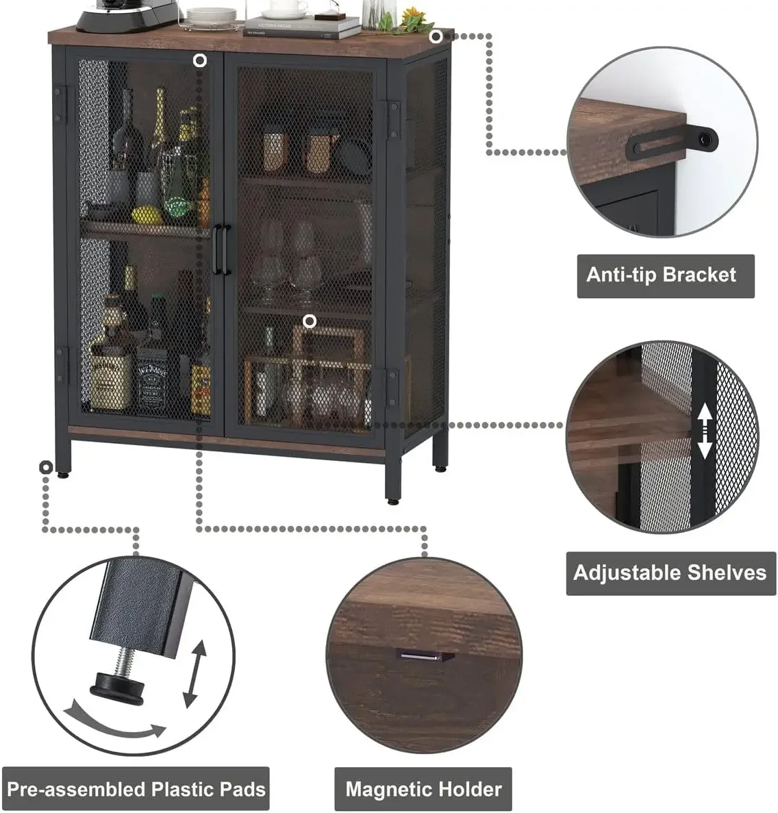 BON AGURE-Coffee Bar Cabinet com Armazenamento e Portas, Pequenos Armários de Licor para Casa, Farmhouse Accent Buffet, Aparador Station