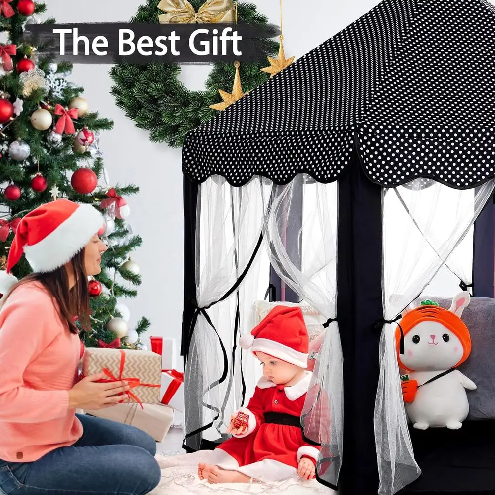 Tenda da principessa per ragazze, grande casetta da gioco nera per bambini, tenda da gioco con castello, con luci a stella, giocattolo regalo per bambini, per interni ed esterni