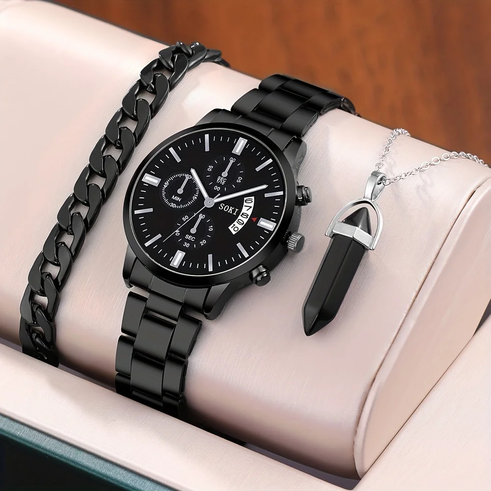 

3pcs/set, 1pc Men's Calendar Business Fashion Quartz Wrist Watch With Stainless Steel Strap And Necklace Bracelet Set