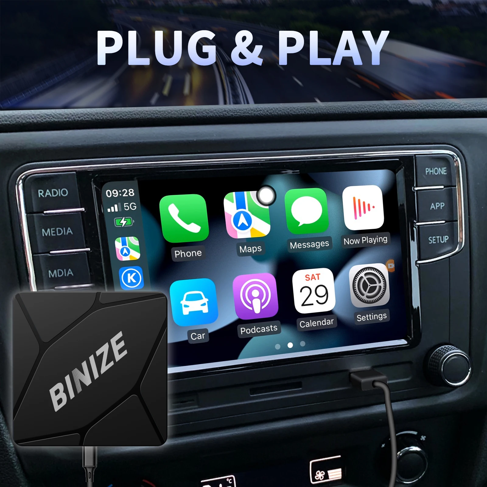 Binize 2 in1 Wireless CarPlay Adapter Wired To Wireless Android Auto for Toyota Mazda Nissan Kia Hyundai Ford Opel