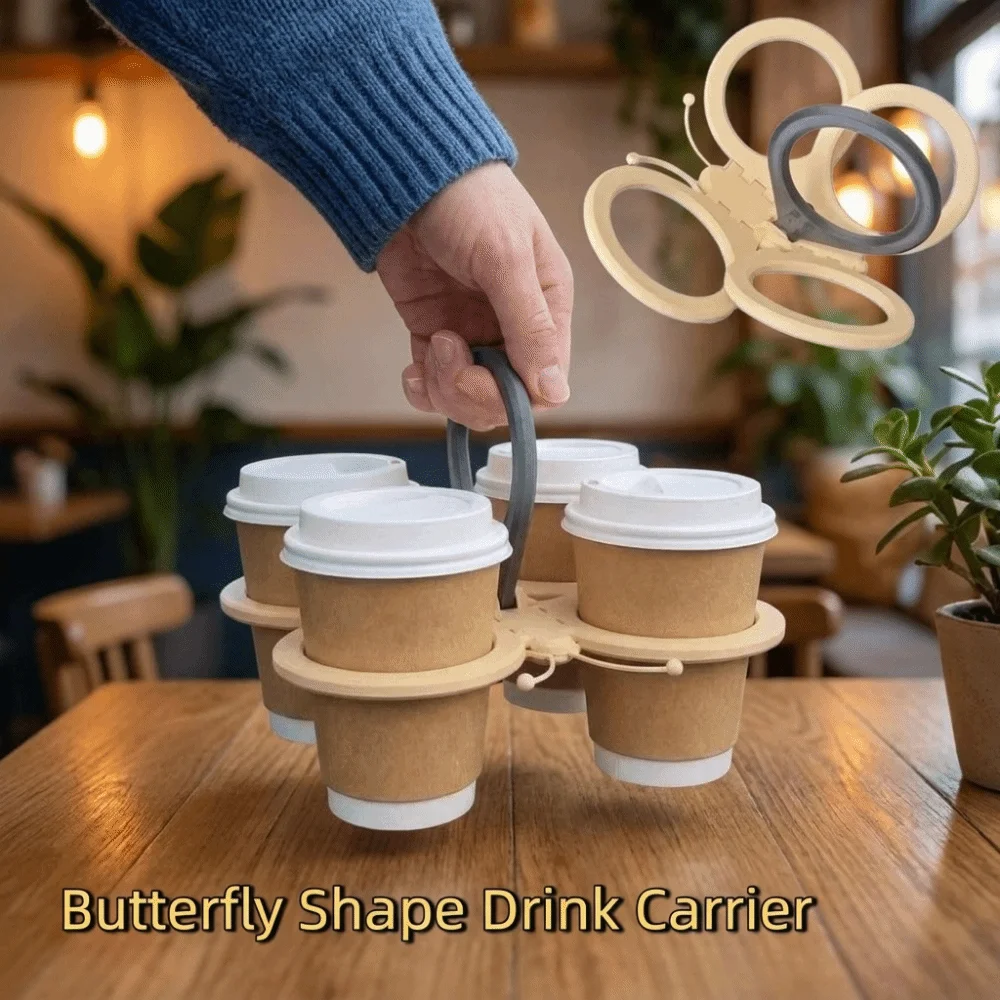 Plastic Butterfly Shape Drink Carrier Folding Reusable 4-cup Coffee Carrier Anti Scalding with Handle Folding Cup Holder