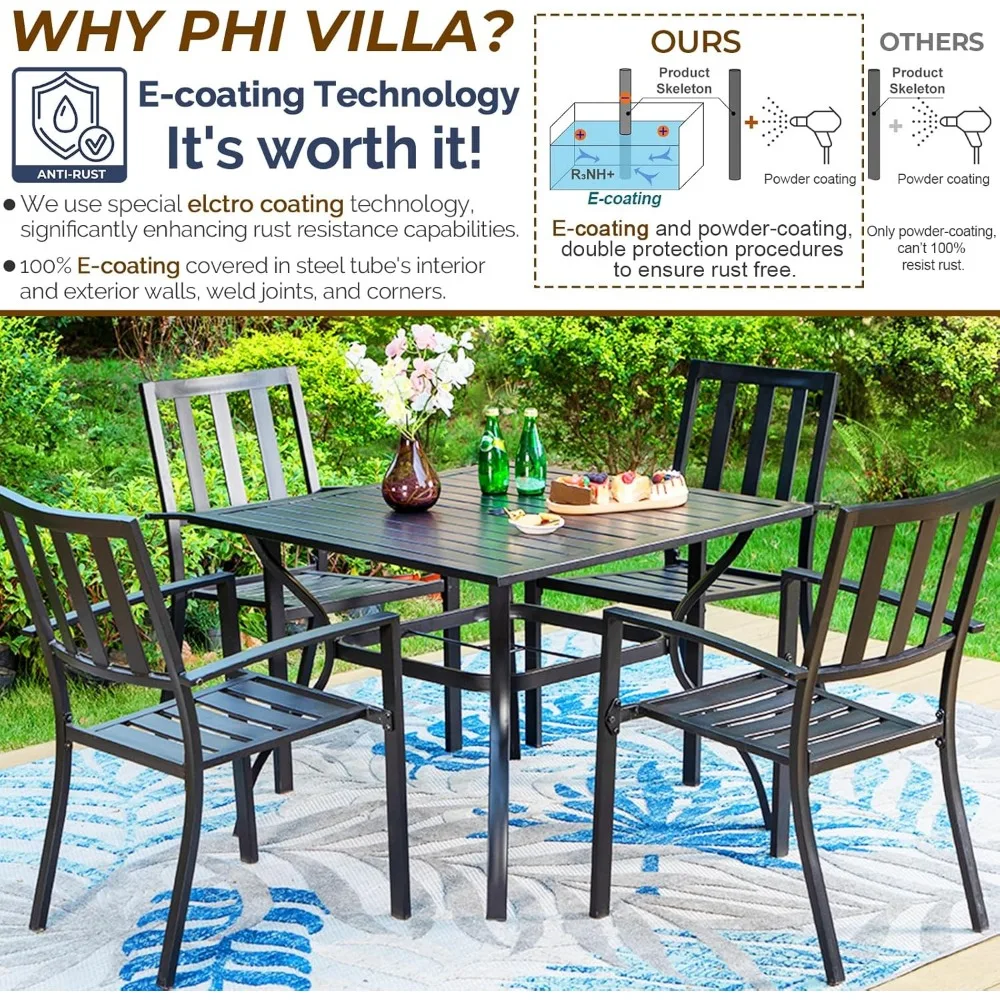 5 Piece Outdoor Dining Table Set for 4, 37” Square Metal Dining Table with Umbrella Hole & Stackable Steel Chairs for Patio,Yard