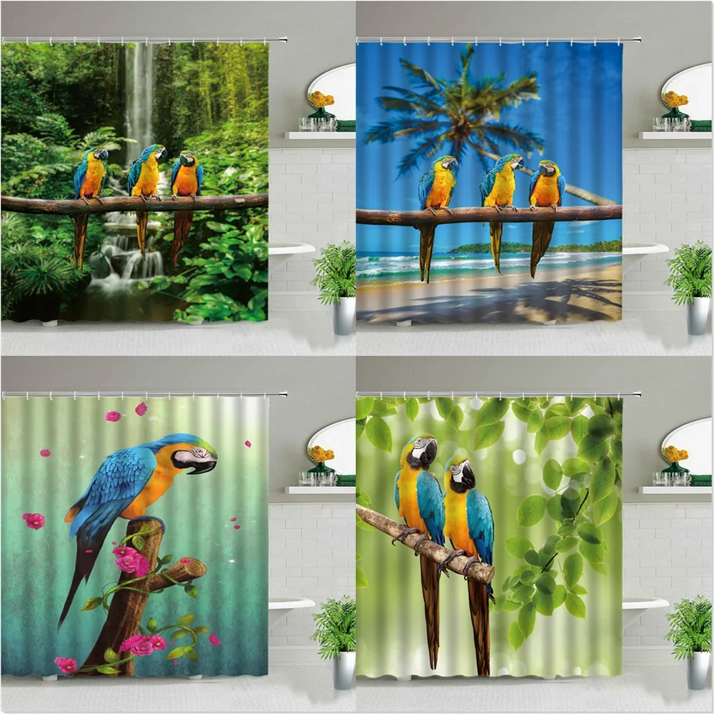 Parrot Shower Curtains Ocean Waterfall Beach Tropical Palm Tree Landscape Cloth Curtain Green Plant Bird Printing Bathroom Decor