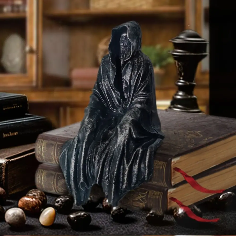 Horror Black Robed Night Walker Gothic Sitting Garden Sculpture Black Clothes Mysterious Master Ornament Reaper Sitting Statue