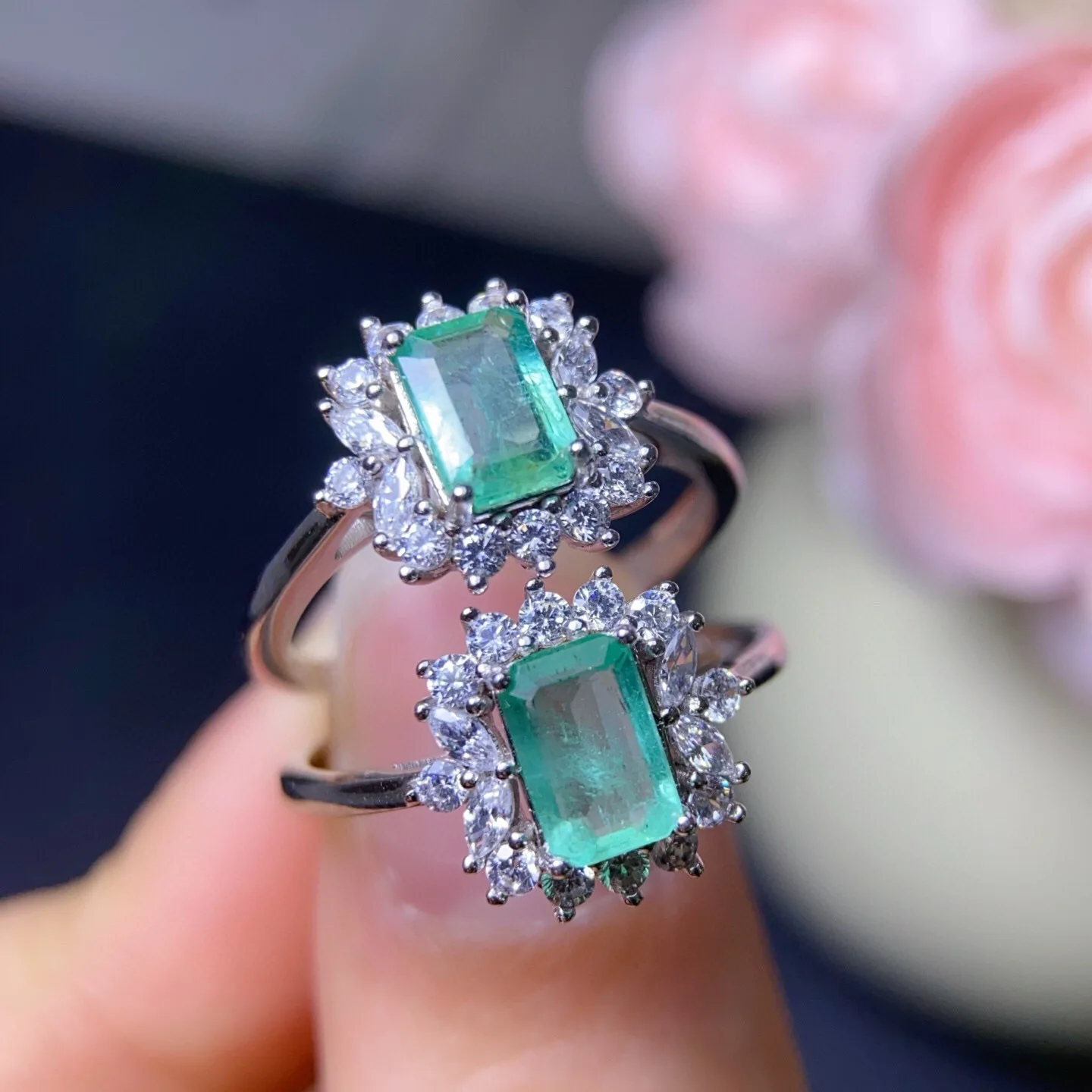 

Natural Emerald Ring, 925 Silver Setting 5x7mm Rectangular Green Gemstone Adjustable, Luxury Jewelry Gift for Women