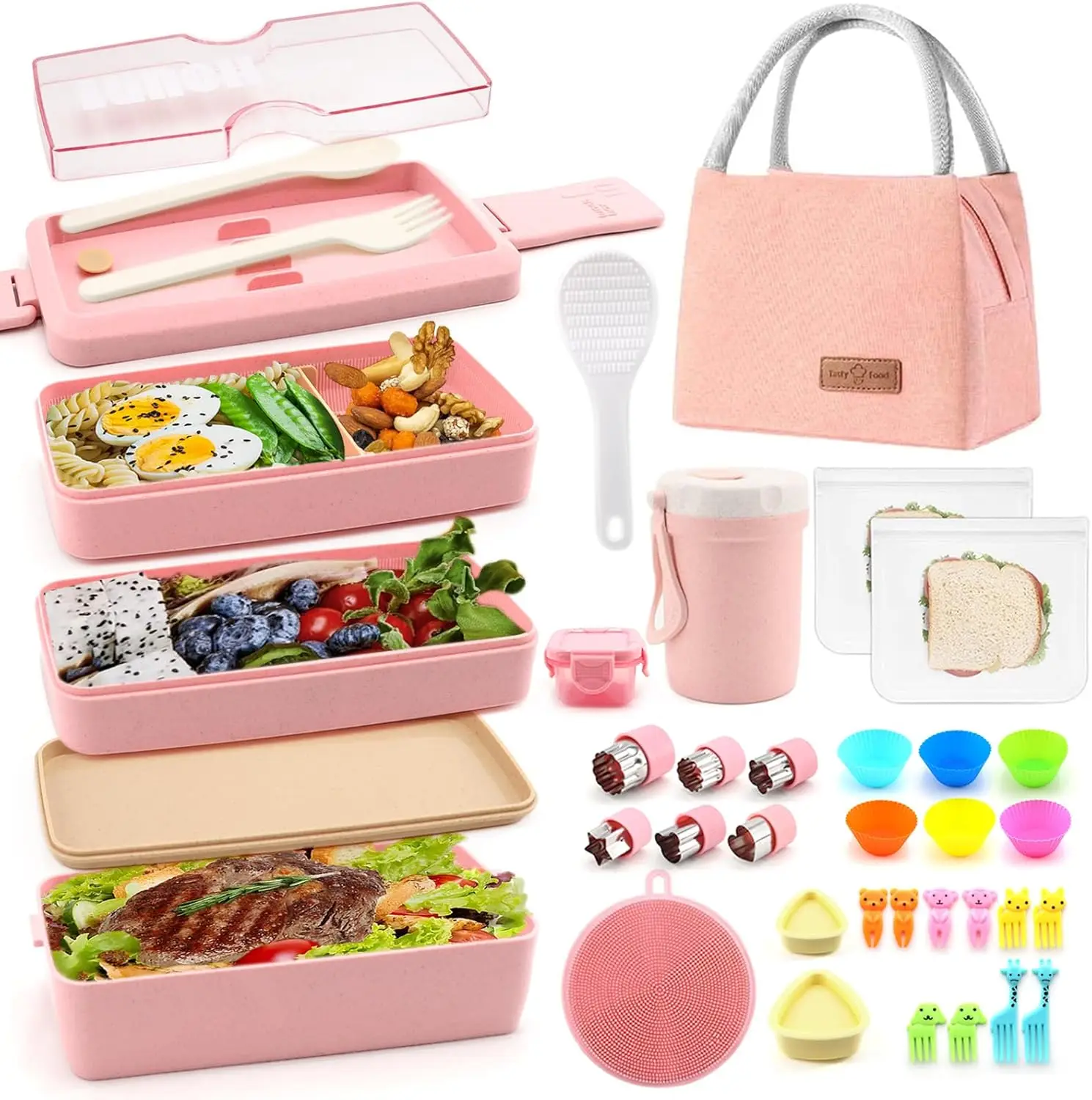 

35Pcs Bento Box Japanese Lunch Box Kit Leakproof Bento Lunch Box for Kid Adult Wheat Straw 3 Layer Stackable Lunch Conta