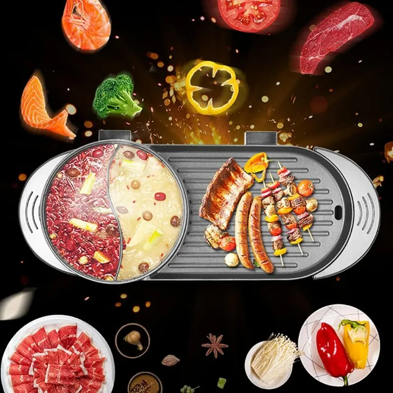 Electric Grill and Hot Pot,2 in 1 Multi-functional Indoor Smokeless Korean BBQ Grill Teppanyaki Hot Pot with Independent Dual