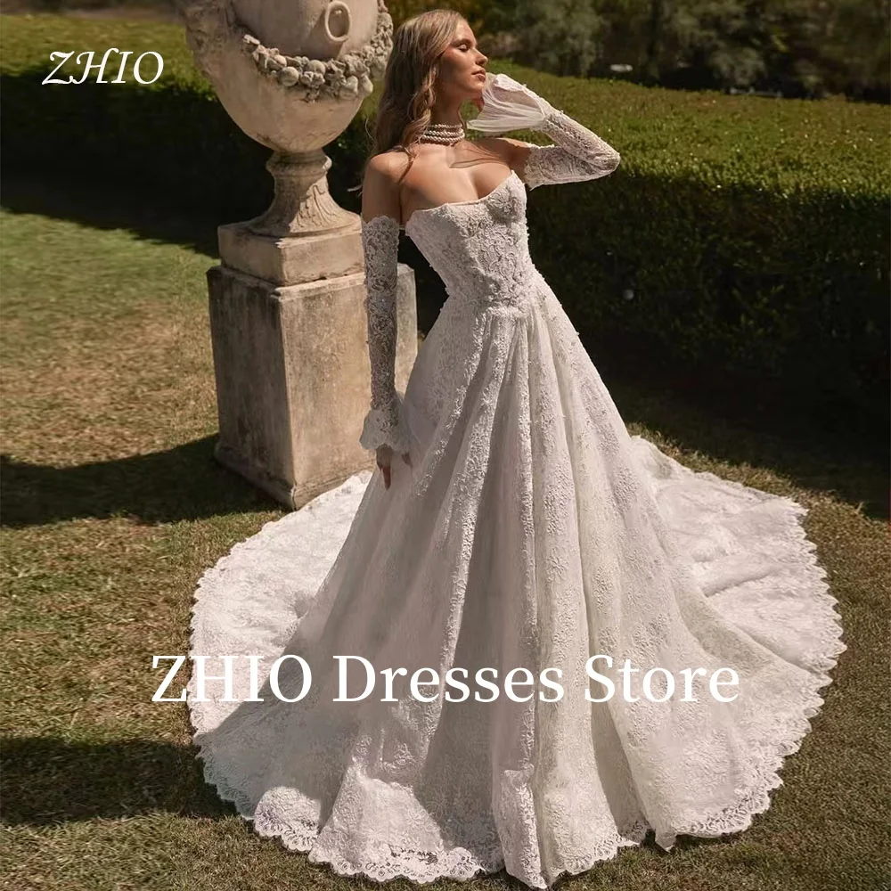 

ZHIO Princess Lace Beads Wedding Dress Strapless Floor Length Sweep Train Bridal Gowns Removed Sleeves Customized Exquisite