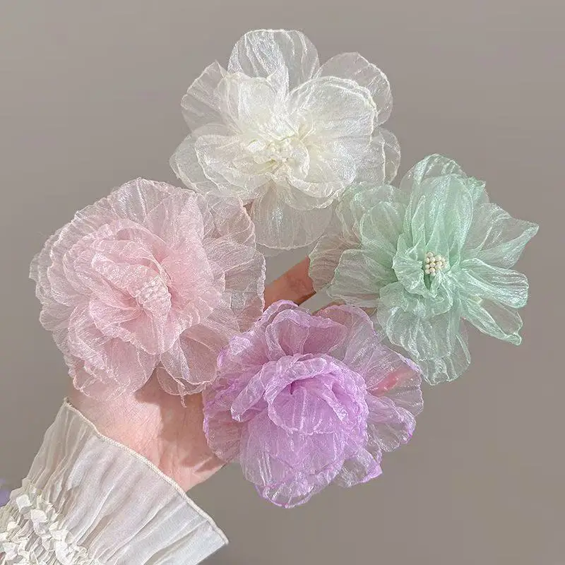 

Colorful Tulle Flower Side Hair Clips Camellia for Women Vintage Light Luxury Alligator Clip Non Slip Premium Soft Comfortable