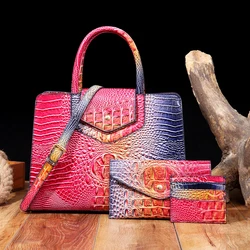 Fashion gradient crocodile pattern handbag three piece set, one shoulder crossbody can be switched at will, urban modern new tre