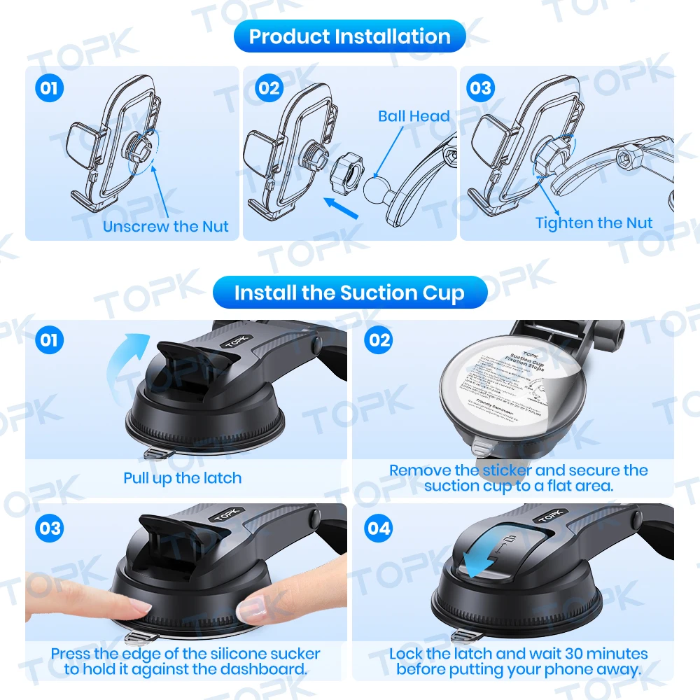 حامل هاتف السيارة العالمي TOPK للوحة القيادة، شفط قوي، ثبات عالي، حامل قابل للتعديل لجميع الهواتف. #6