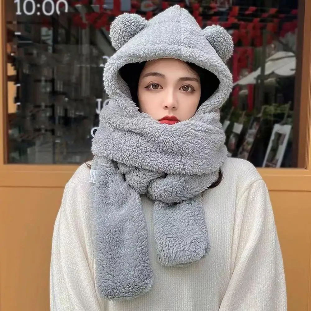 Fashion Winter Women Novelty Beanies Caps Warm Cute Bear Ear Hat Casual Plush Hat Scarf Set Casual Solid Women Caps Present