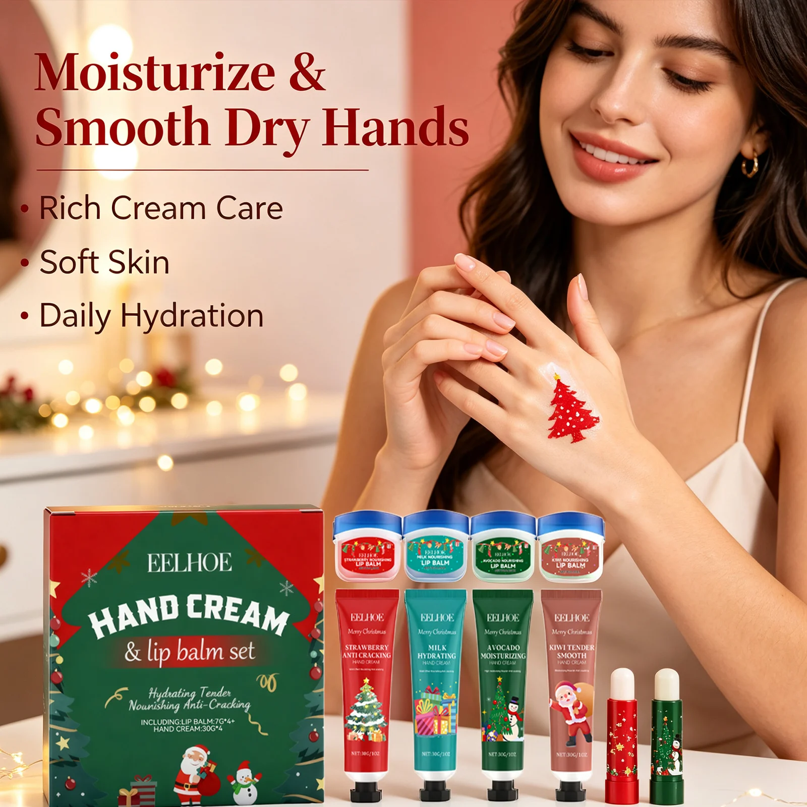 Christmas Fragrance Hand Cream Anti Cracking Refreshing Long Lasting Hydration Lip Balm Hand Cream Care Set Christmas Gift Box