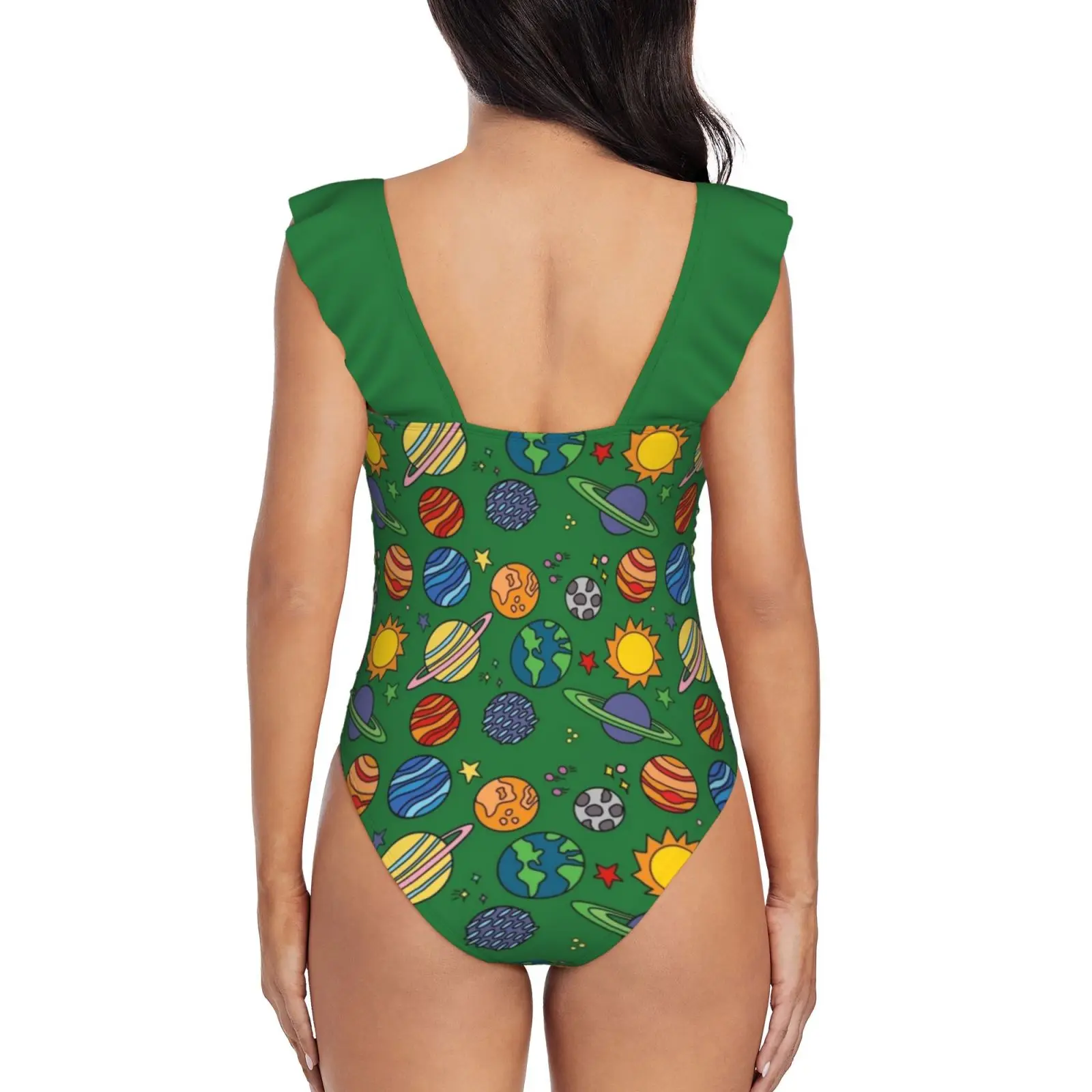 Planet Print | Space | Earth | Astronomy | Science | Green Sexy One Piece Swimsuit Women Swimwear Monokini Ruffle Bathing Suit