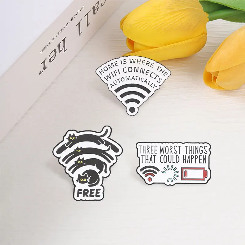 Lustige Emaille-Anstecknadel mit WLAN-Signal-Motiv: „Katze“, „WLAN getrennt“, „WLAN wird geladen“ & „Niedriger Akku“ – Brosche für Rucksack, Jacke, Deko-Accessoire – Detail 6