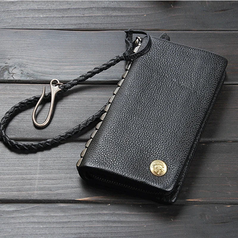 2024 Fashion rivet Genuine Leather Wallet men Long wallet male purse Clutch Bag zip around money bag clip Black