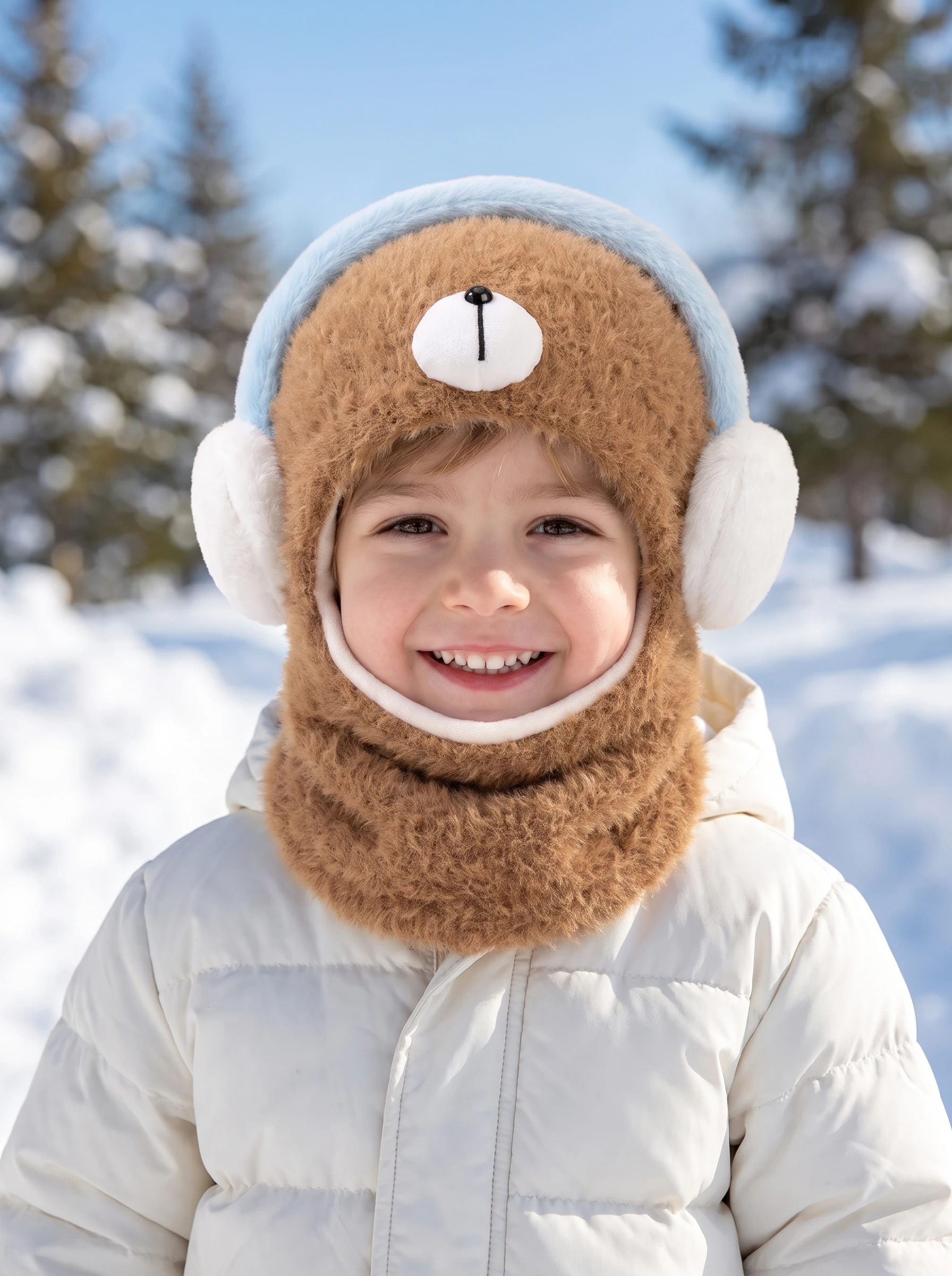 1pcs Cute Boys Kids Knit Balaclava, Cartoon Bear Earphone Decor Soft Thin Integrated Cap