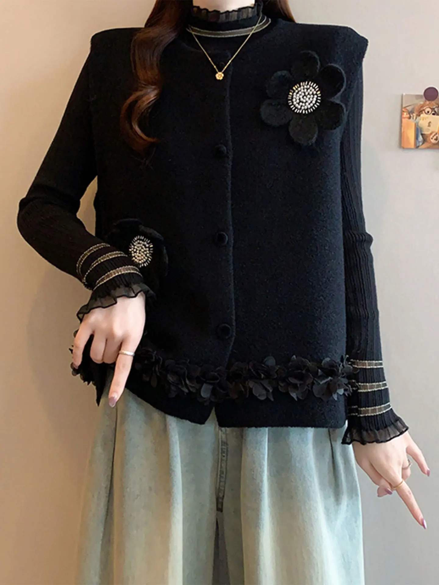 

Floral Knitted Vest Cardigan Women's Sle plus Size Base irt Top Two-Piece Set Spring Season Casual Loose Fit Thiened