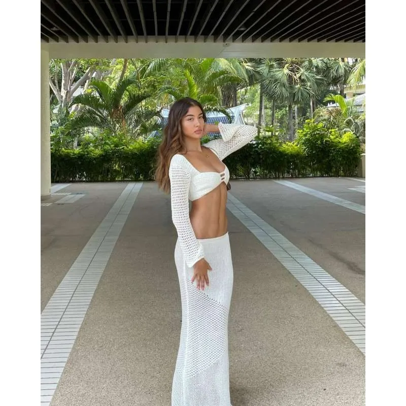 

Crochet Knit Hollow Out 2 Piece Skirt Sets Crop Long Sleeve Backless Top Side Slit Bodycon Long Skirt Women Beach 2024 Summer