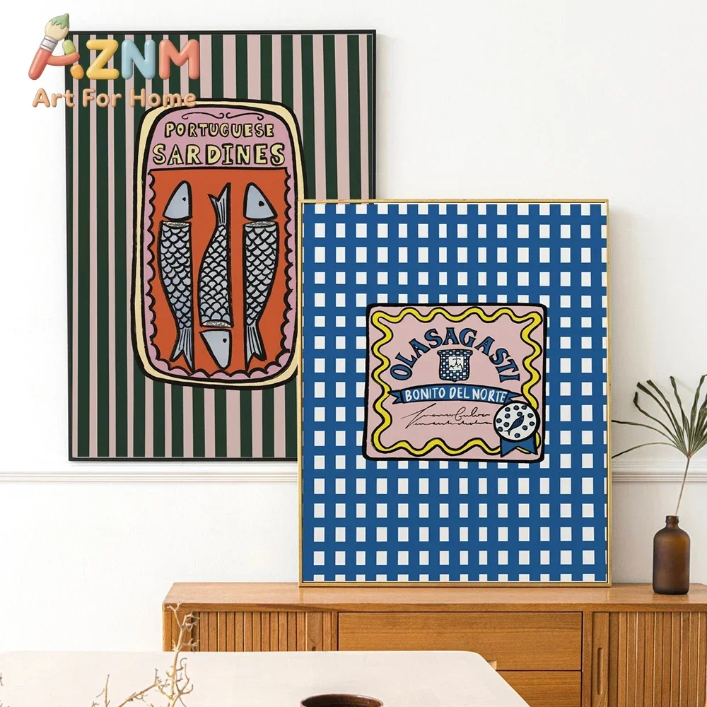 AZNM Sardine Tin Can Canvas Wall Art, Fun Seafood Label Graphic Print, Decor for Kitchen, Dining Room and Coastal Home