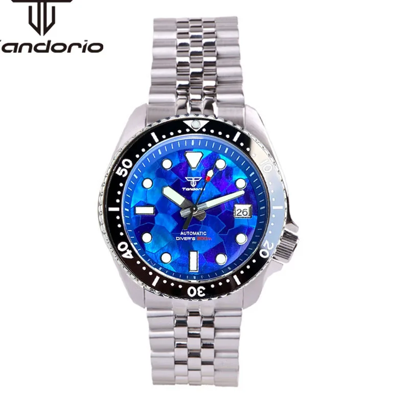 Tandorio nh35a 41mm 200m tauchen männer automatische uhr blau perlmutt zifferblatt datum saphir rotierende lünette leuchtende schrauben krone