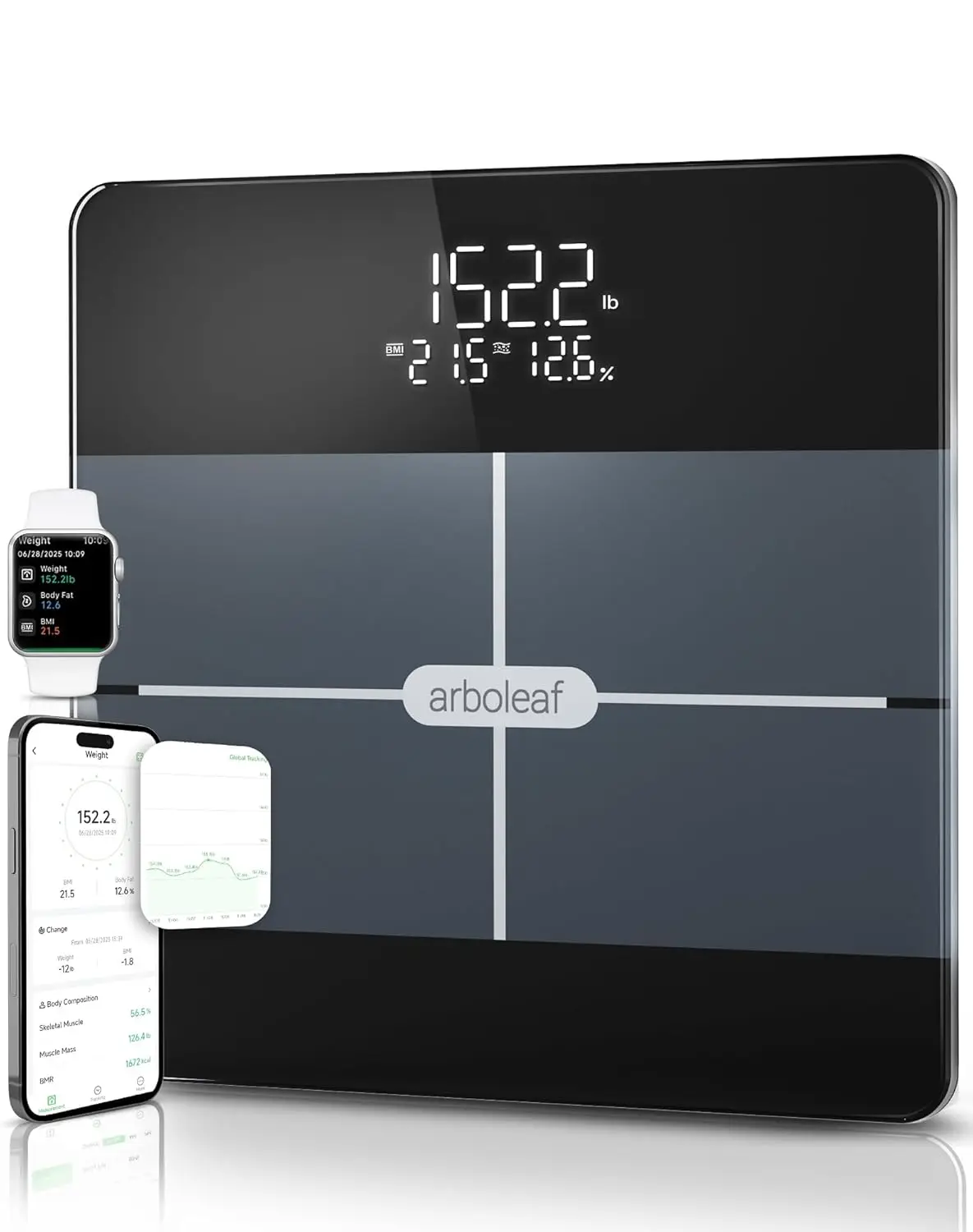 

Smart Body Scale with BMI, Muscle Mass & Fat Tracking, 3-in-1 LED, Bluetooth App Sync, Tempered Glass, 400lb Capacity