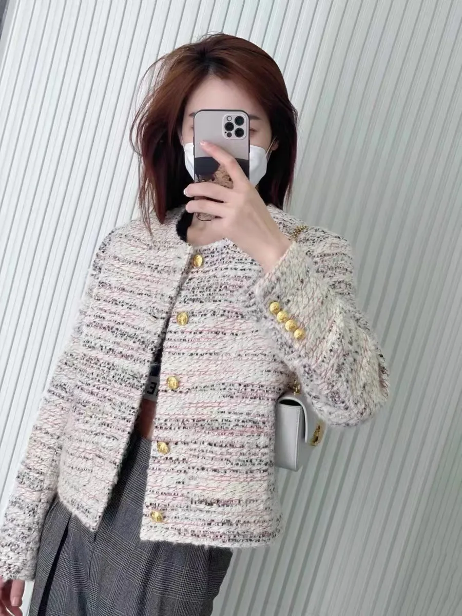 French Variegated Tweed Wool Woven Two Pocket Single Breasted Short Jacket for Women