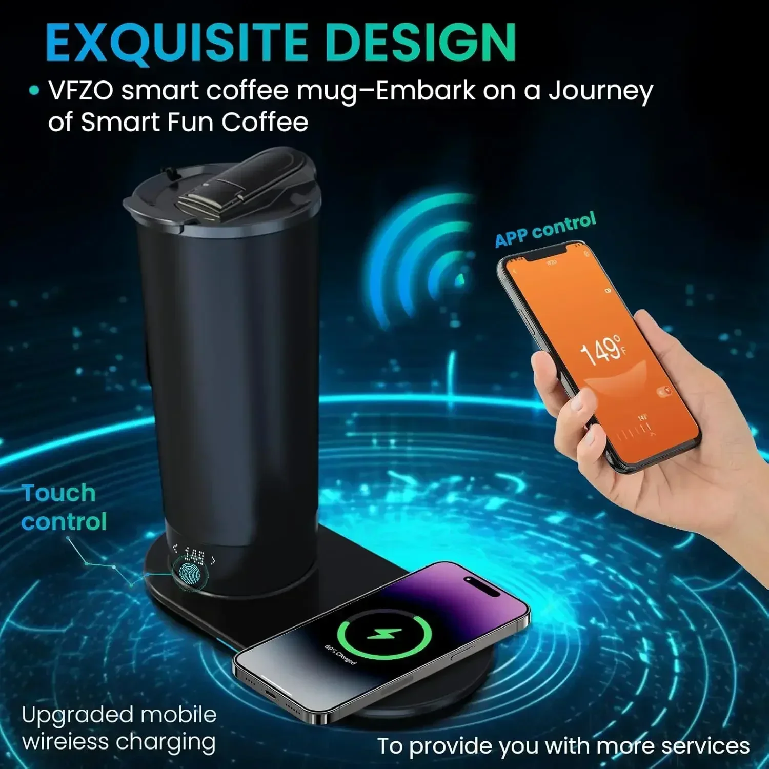 Heated travel intelligent constant temperature coffee cup 20 ounces, wireless charging base coffee service set with coffee cup