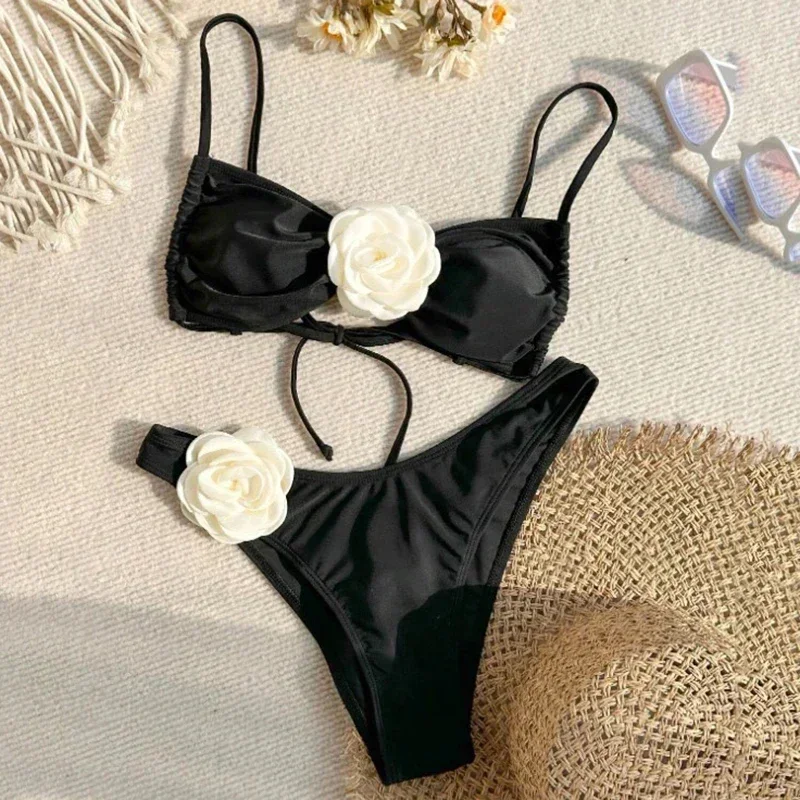 Sexy Flower Bandeau Swimwear Thong Bikini 2025 Women Lace-up Swimsuit Swimming Bathing Suit Brazilian Bikinis Sets Mujer Biquini