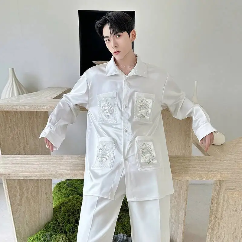 Men's Embroidered Luxury Satin Shirt 4 Pocket Oversized Fit Long Sleeve Casual Formal Premium Top XROA