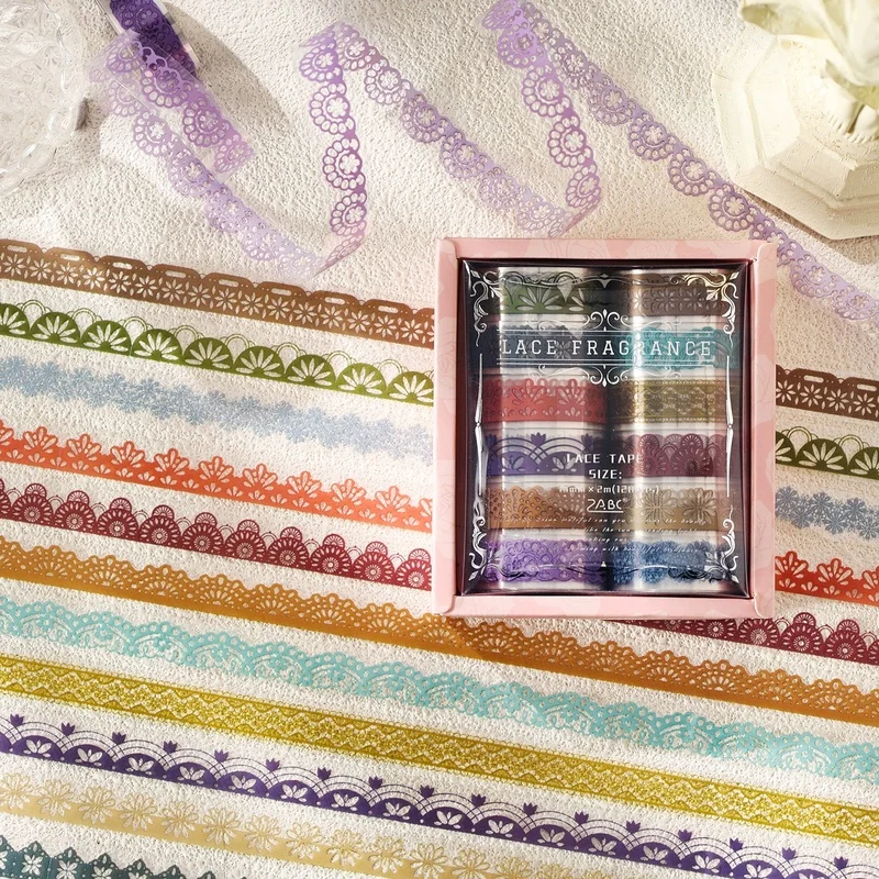 12Pcs Satin Dream Lace Pattern PET Washi Tape, Waterproof Vintage Decorative Tape for DIY Journaling Scrapbooking Craft Projects