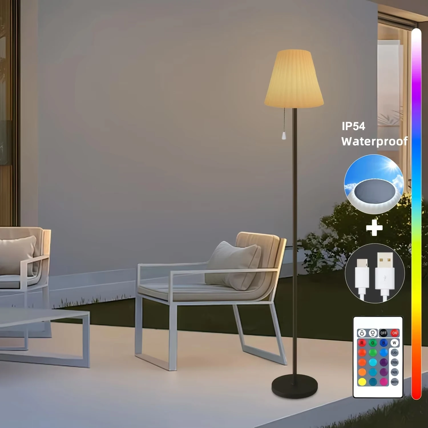 مصباح أرضي شمسي مخطط متعدد الألوان مع وظيفة شحن USB سطوع قابل للتعديل مناسب لغرفة النوم وغرفة المعيشة أو الحديقة