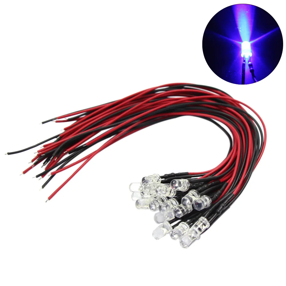 Evemodel 20pcs Pre-wired 5mm LED Lamp Light 20cm Cable 12V DC Warm Bright Red Yellow Green Blue L125