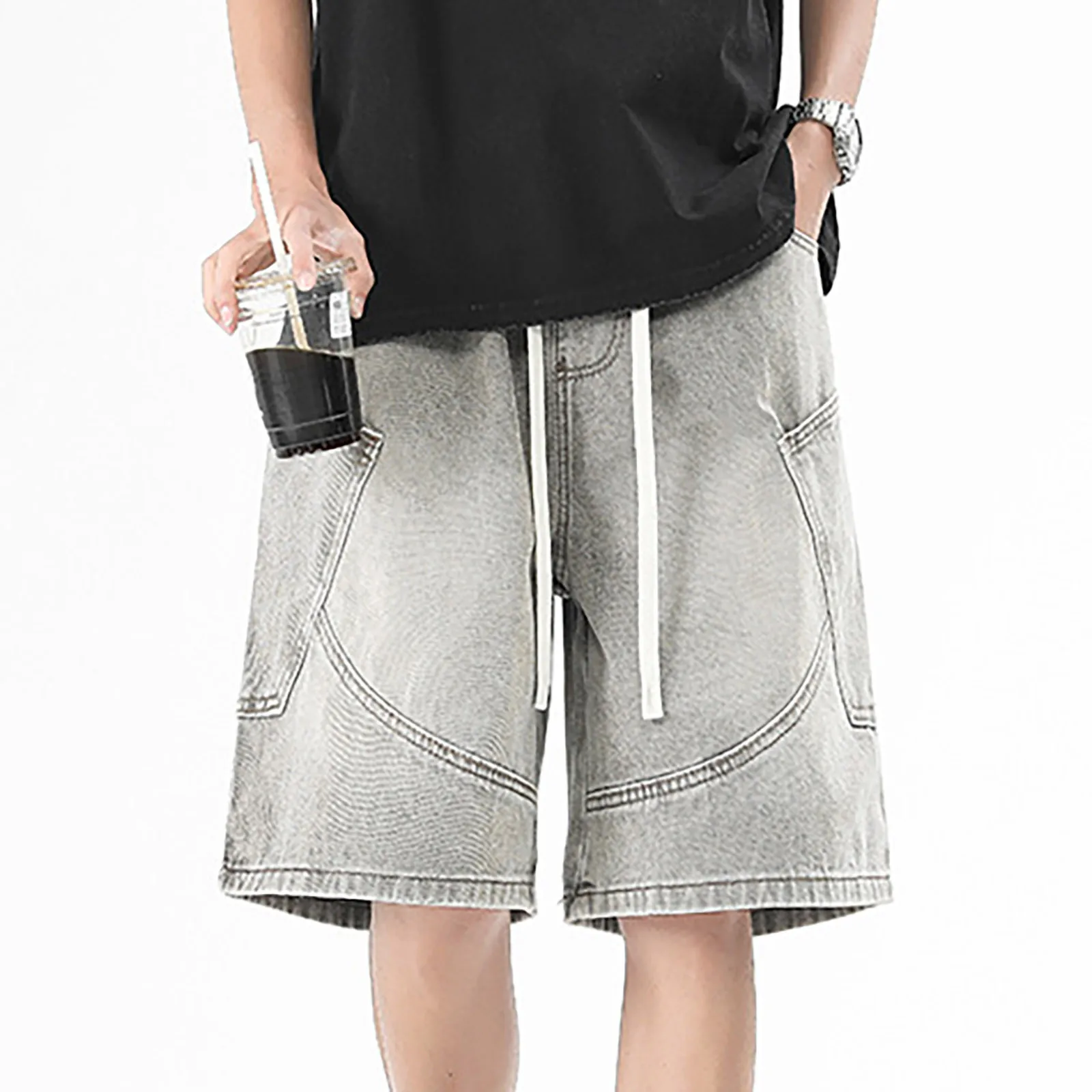 

Summer New Loose Denim Shorts 2025 Men's Versatile Elastic Waist Large Pocket Cowboy Fifth Pants Straight Leg Male Jeans