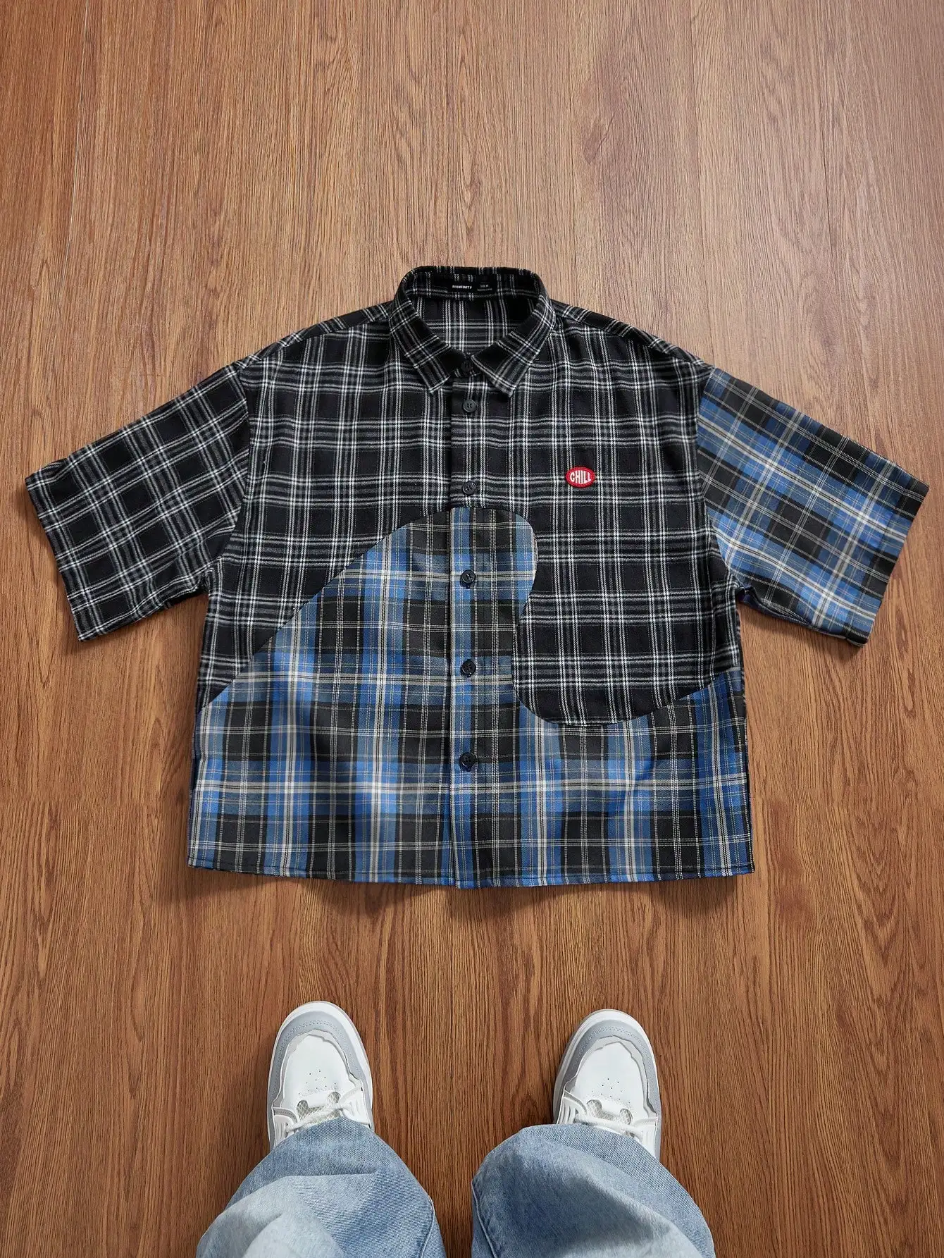 

Men's Short Sleeve Patchwork Plaid Shirt - Black & Blue Color Block Design