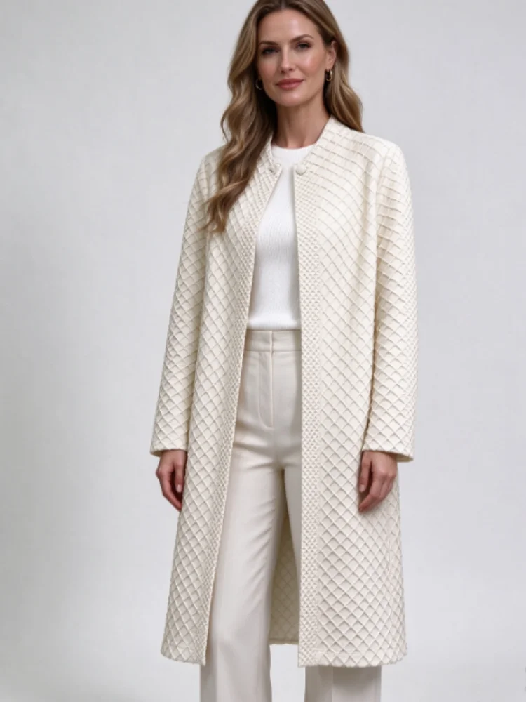 Miyake Women Cream Diamond Quilted Long Cardigan, Open Front Long Sleeve Coat, Textured Loose Outerwear