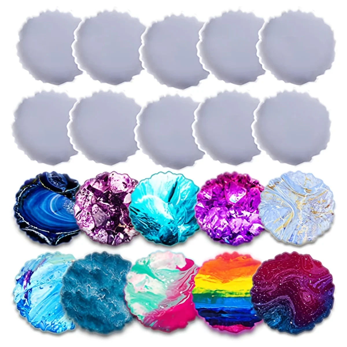 Juego de 5 piezas de posavasos redondos de resina con moldes de silicona, posavasos de hojas de ágata con bandeja fundida a mano, artículos decorativos para el hogar DIY