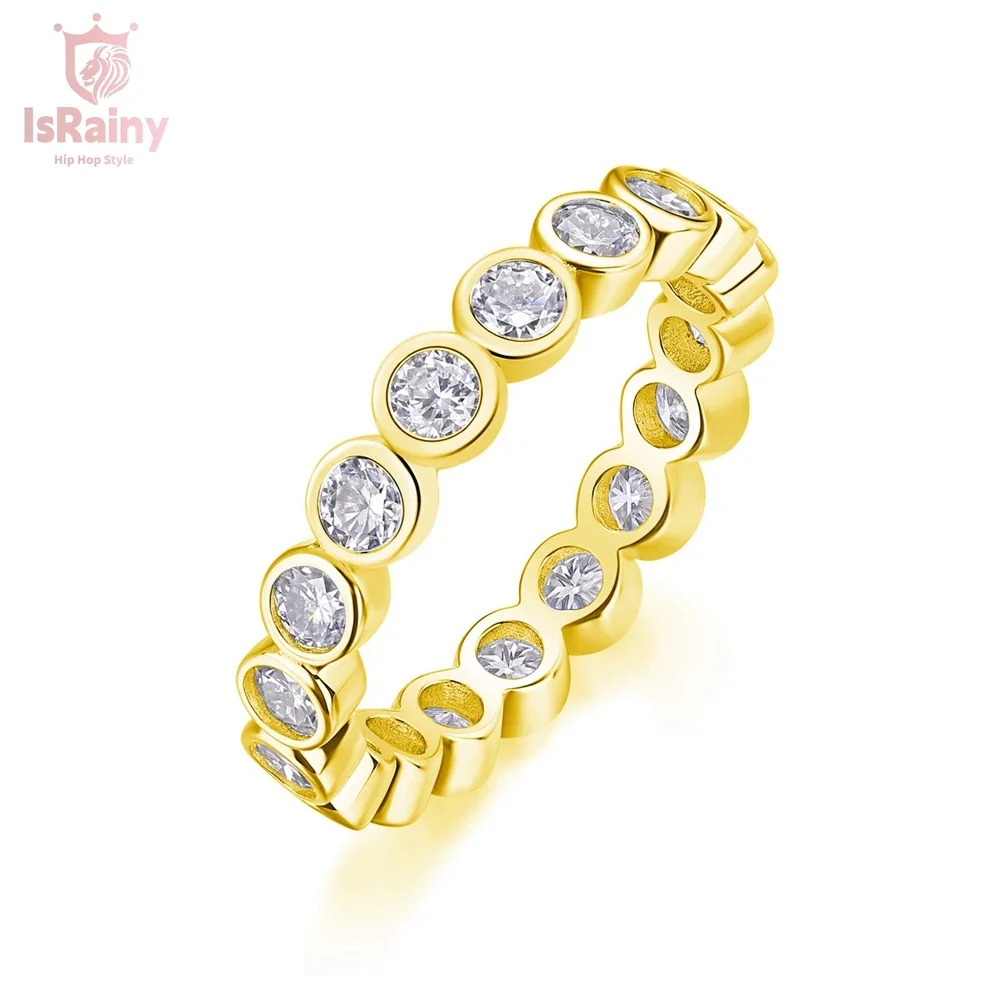 IsRainy 3MM Round Cut All Moissanite Diamond 18K Yellow Gold Plated 925 Silver Anniversary For Women Ring Fine Jewelry Gift