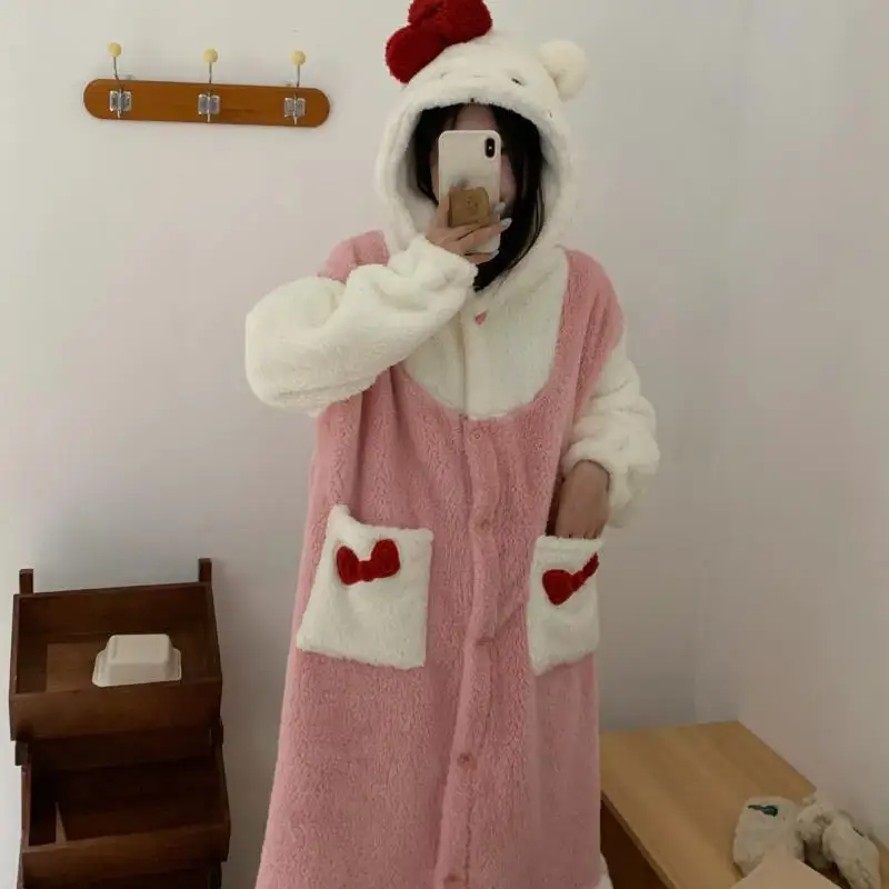 Setelan baju celana panjang bertudung, setelan celana panjang jubah bertudung tebal Miniso Kawaii Hello Kitty Comic modis, pakaian santai piyama hangat untuk pelajar