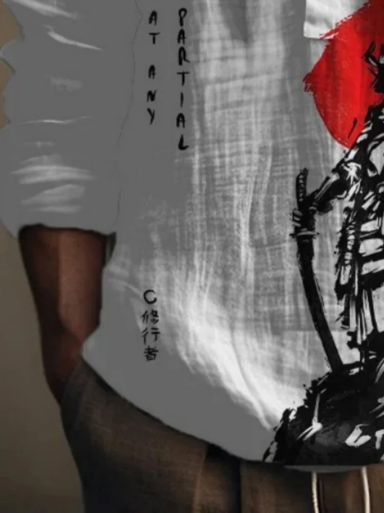 Hot Sale Men Long-Sleeved Shirts Autumn 2025 Men's Japanese Style Knight Art Print Hooded Shirt Casual Beach Tunics Plus Size