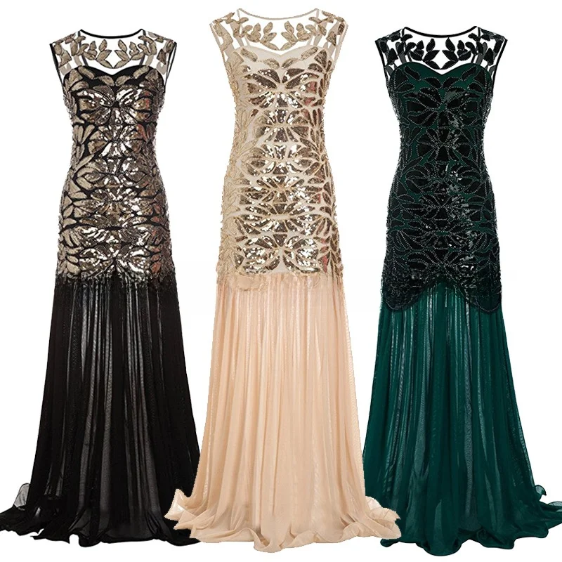 

Длинное вечернее платье в стиле ретро для женщин, блестящее бальное платье с пайетками, трансграничное платье больших размеров, Ele Fem Faionable Summer