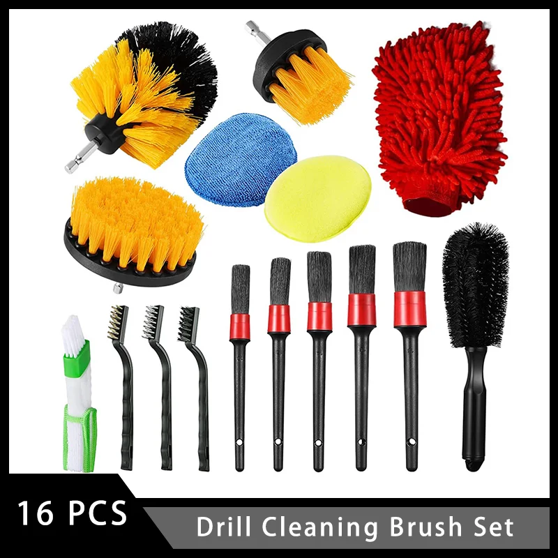 16 Pcs Car Detailing Brush Kit with Car Wheel Tire Cleaning Brushes Rim Brush Wash Mitt Wax Pads for Auto Interior Exterior