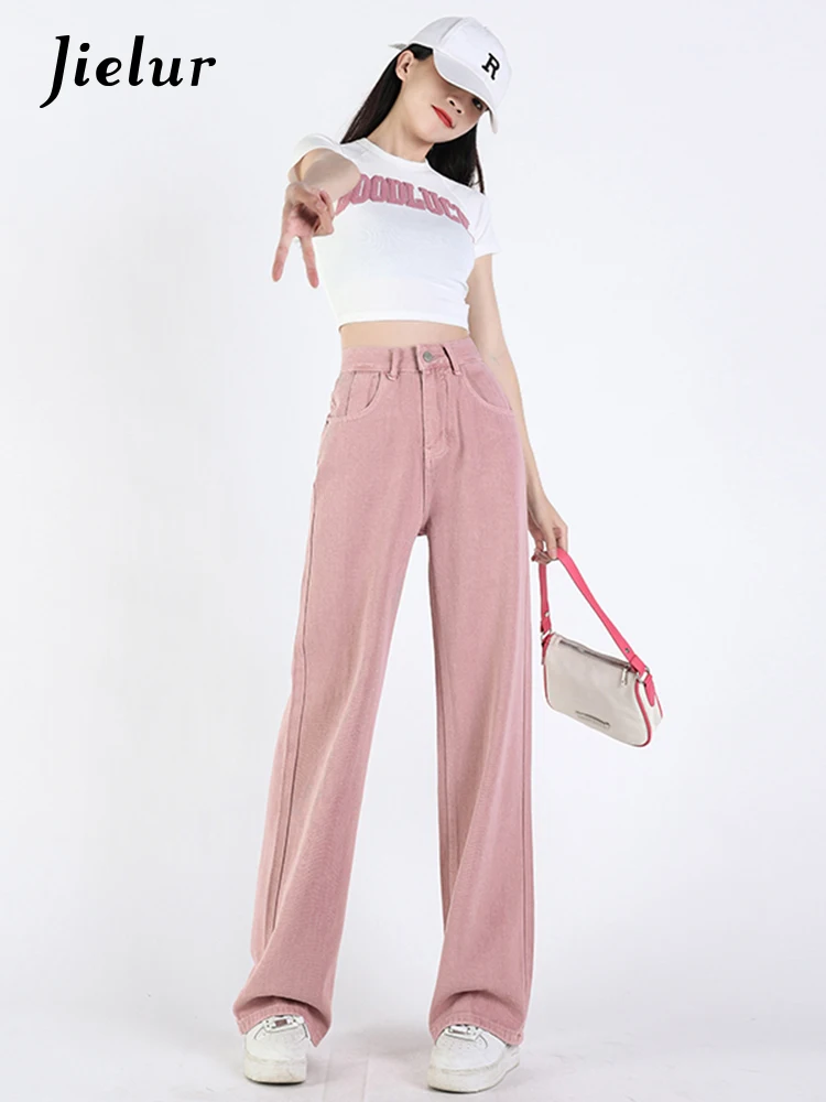 

Jielur Pink Straight Full Length Women's Jeans Spring New High Waist Solid Color Fashion Wide Leg Pants Slim Elegant Chic Jeans