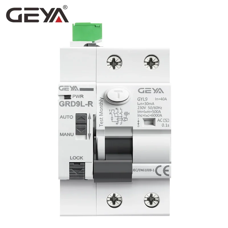 Disyuntor de Control remoto, dispositivo de pérdida automática, GRD9L-R, 2P, 4P, 40A, 63A, 30mA, 100mA, 300mA, RCD, 6KA, ELCB, RCCB, GEYA