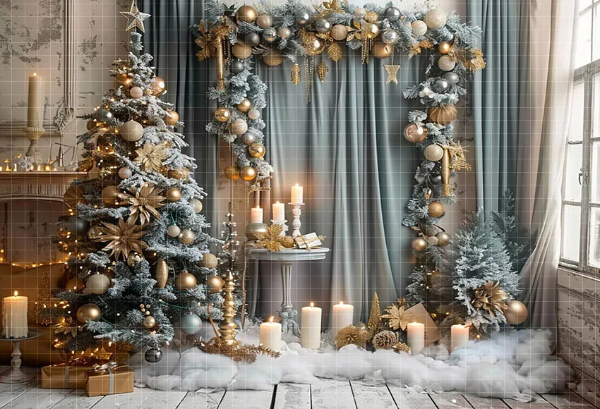 Mehofond Photography Background Christmas Fireplace Windows Curtain Xmas Tree Kids Family Portrait Decor Backdrop Photo Studio